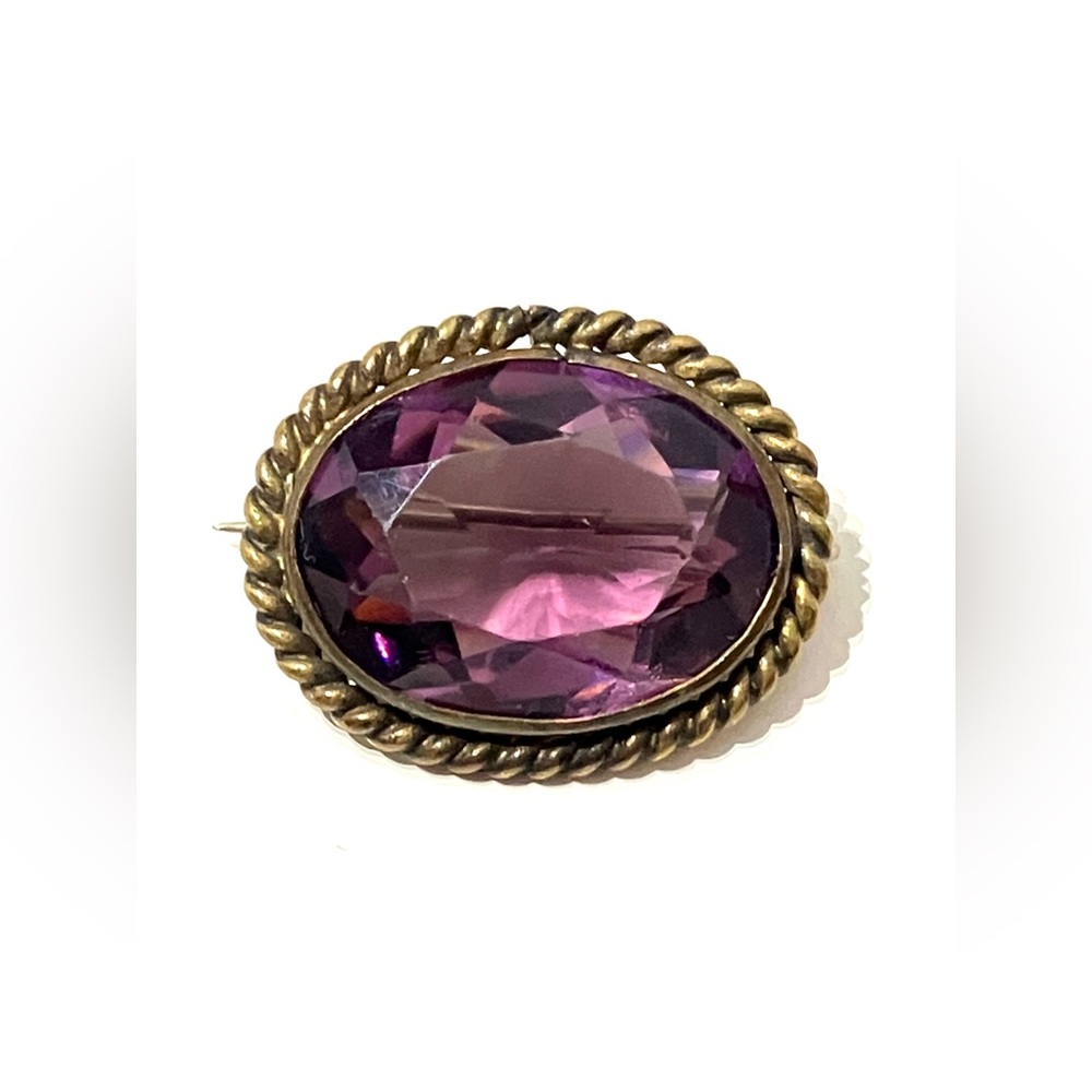 Vintage Gold Tone Amethyst Glass Brooch